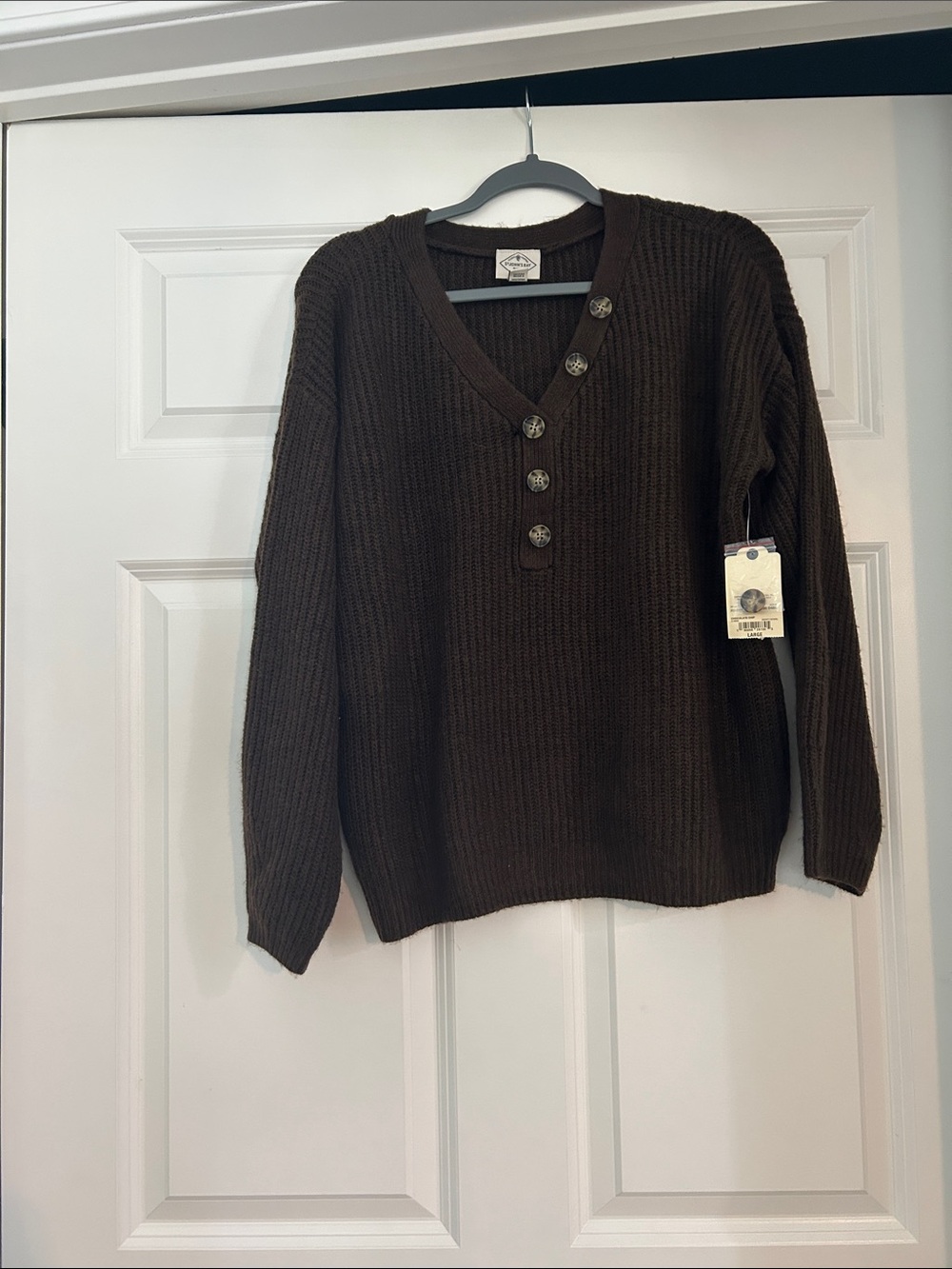 St. John's Bay Brown V-Neck Ribbed Sweater with Button Placket